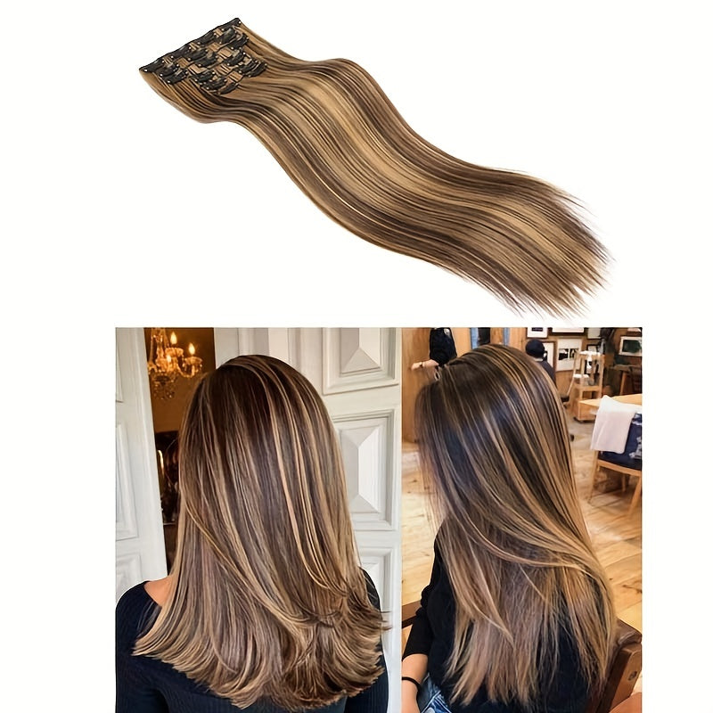 16pcs Long Straight Hair Extensions for Women, Clip-In Synthetic Hairpieces, Natural Look, Easy to Use, Hair Styling Accessories