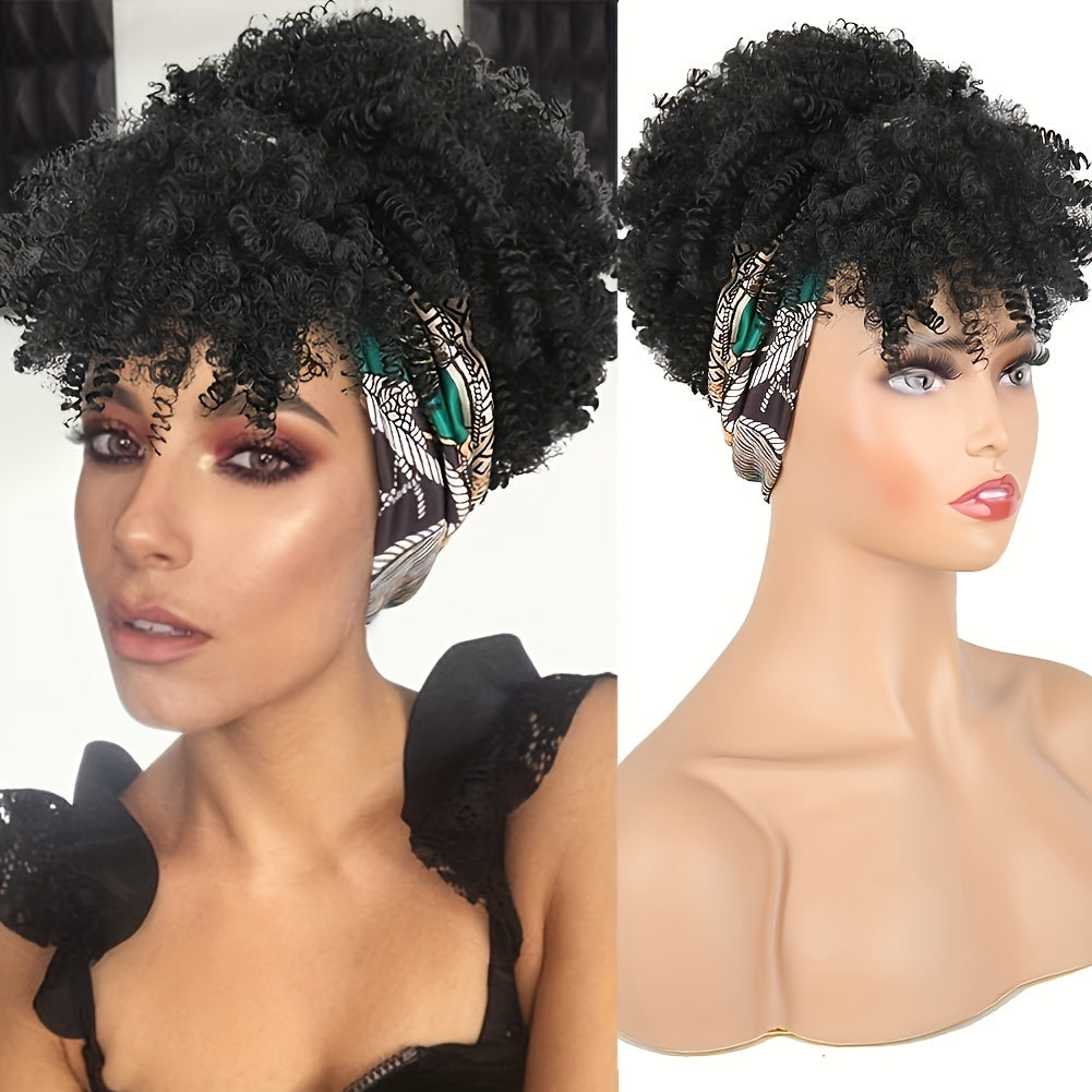 Brown Kinky Curly Hair Topper Headband Hair Extensions With Bangs For Women, Synthetic Short Afro Kinky Curly Headband Hair Topper Brown Hair Extensions With Headband Music Festival