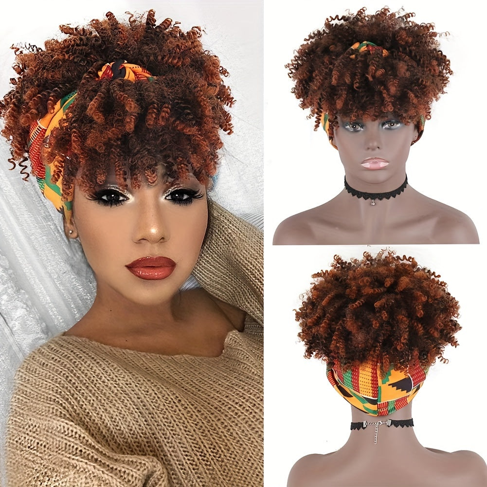 Brown Kinky Curly Hair Topper Headband Hair Extensions With Bangs For Women, Synthetic Short Afro Kinky Curly Headband Hair Topper Brown Hair Extensions With Headband Music Festival