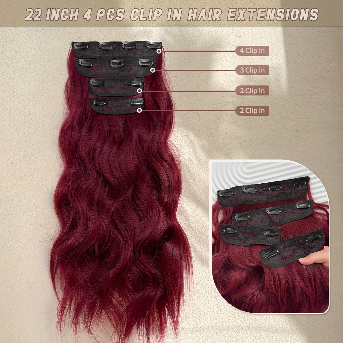 4pcs, 22 Inch Wine Red Color Clip in Hair Extensions 4pcs Black Brown Thick Highlighted Hairpieces Long Wave Clip in Hair Pieces Full Head Synthetic Hair Extension for Women