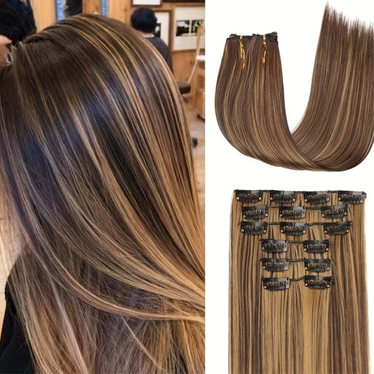 16pcs Long Straight Hair Extensions for Women, Clip-In Synthetic Hairpieces, Natural Look, Easy to Use, Hair Styling Accessories
