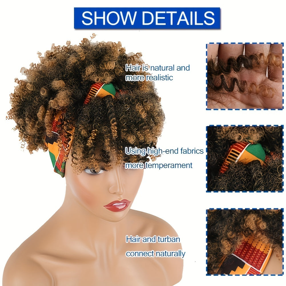Brown Kinky Curly Hair Topper Headband Hair Extensions With Bangs For Women, Synthetic Short Afro Kinky Curly Headband Hair Topper Brown Hair Extensions With Headband Music Festival