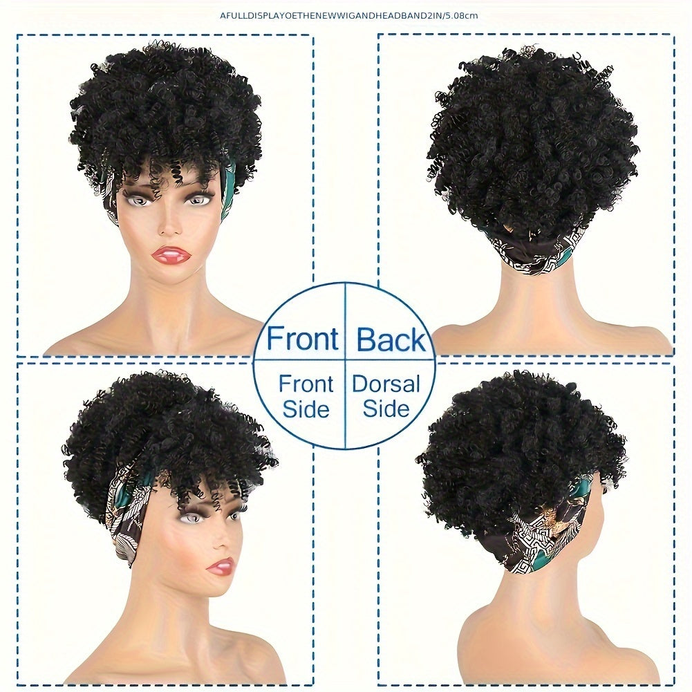 Brown Kinky Curly Hair Topper Headband Hair Extensions With Bangs For Women, Synthetic Short Afro Kinky Curly Headband Hair Topper Brown Hair Extensions With Headband Music Festival
