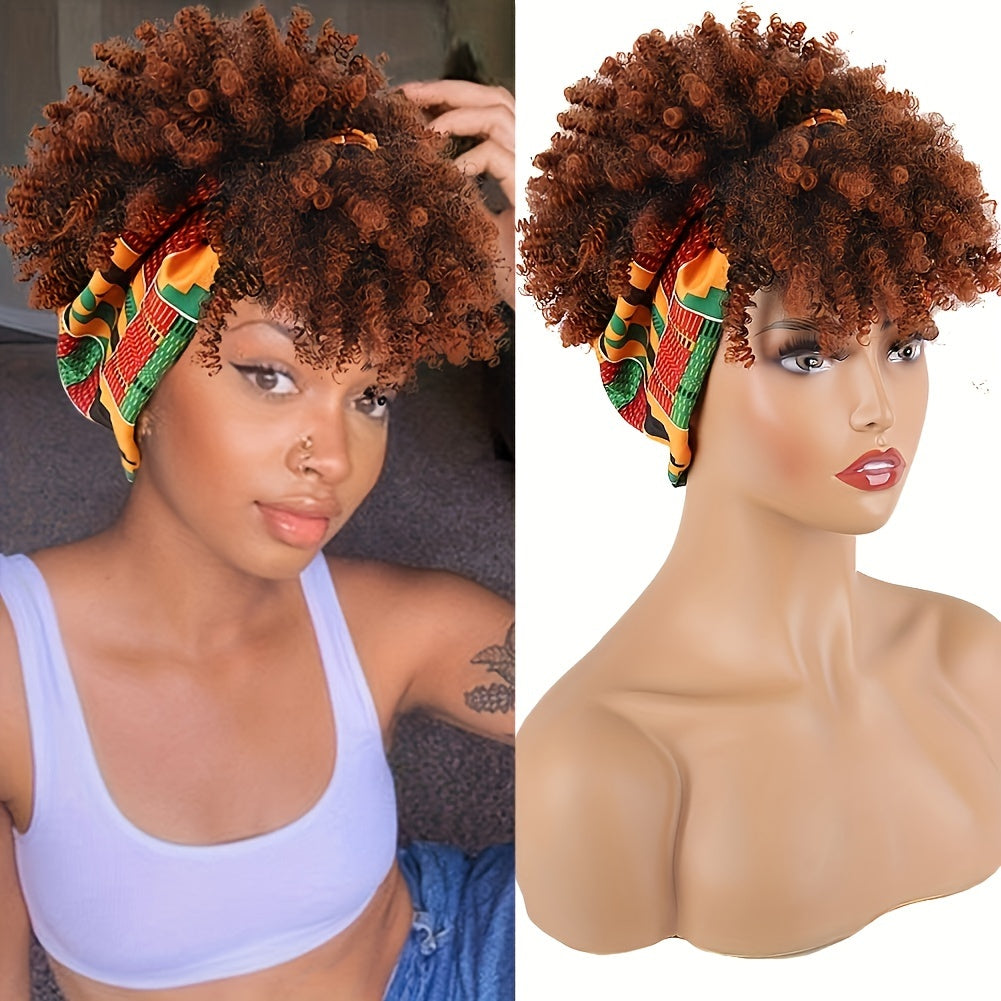 Brown Kinky Curly Hair Topper Headband Hair Extensions With Bangs For Women, Synthetic Short Afro Kinky Curly Headband Hair Topper Brown Hair Extensions With Headband Music Festival