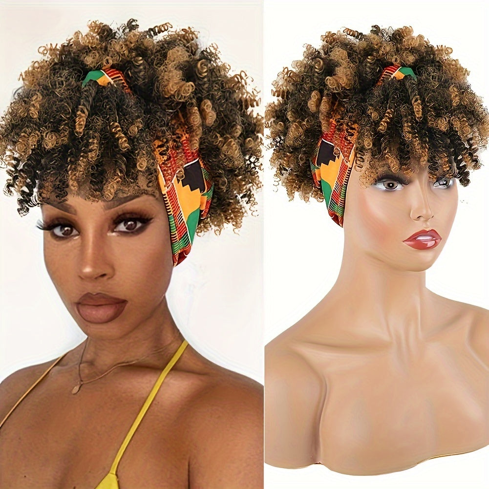 Brown Kinky Curly Hair Topper Headband Hair Extensions With Bangs For Women, Synthetic Short Afro Kinky Curly Headband Hair Topper Brown Hair Extensions With Headband Music Festival