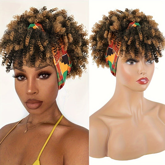 Brown Kinky Curly Hair Topper Headband Hair Extensions With Bangs For Women, Synthetic Short Afro Kinky Curly Headband Hair Topper Brown Hair Extensions With Headband Music Festival