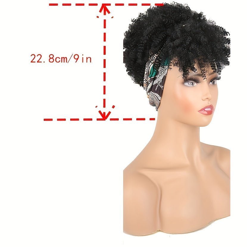 Brown Kinky Curly Hair Topper Headband Hair Extensions With Bangs For Women, Synthetic Short Afro Kinky Curly Headband Hair Topper Brown Hair Extensions With Headband Music Festival