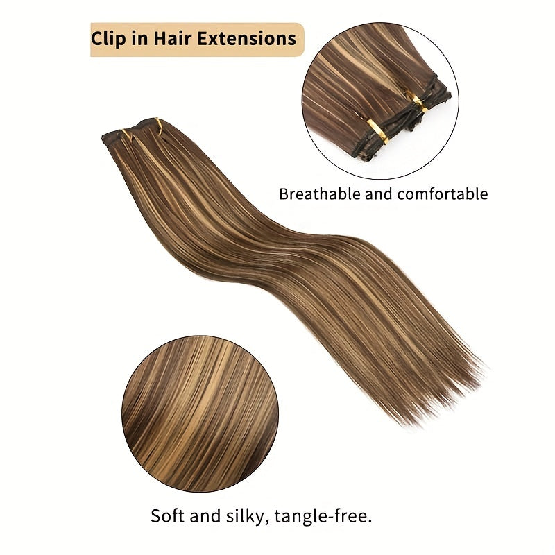 16pcs Long Straight Hair Extensions for Women, Clip-In Synthetic Hairpieces, Natural Look, Easy to Use, Hair Styling Accessories