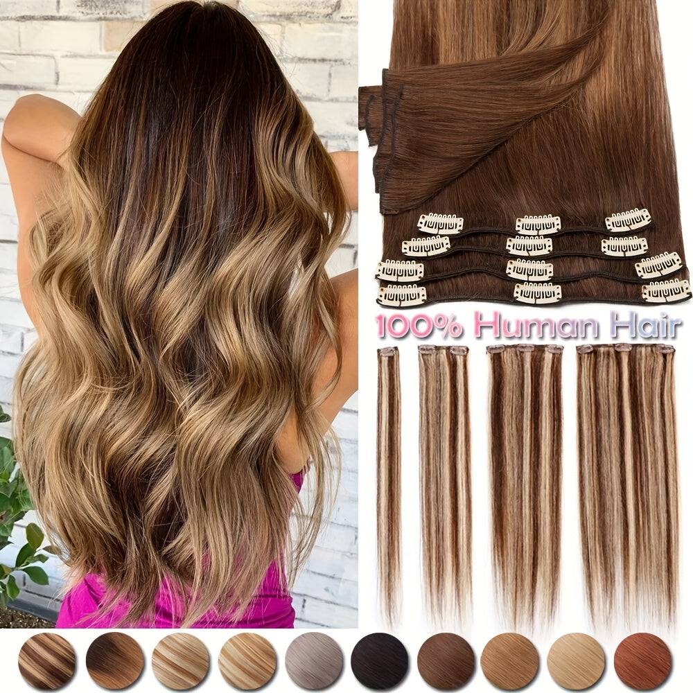 [8pcs 18clips Hair Extensions] 8pcs 18clips Double Weft Hair Extensions - Straight Smooth Long Hairpiece (16-22inch) | Natural Look, Multiple Colors | Perfect for Daily Wear & Special Occasions, Versatile for All Face Types, Light Beige
