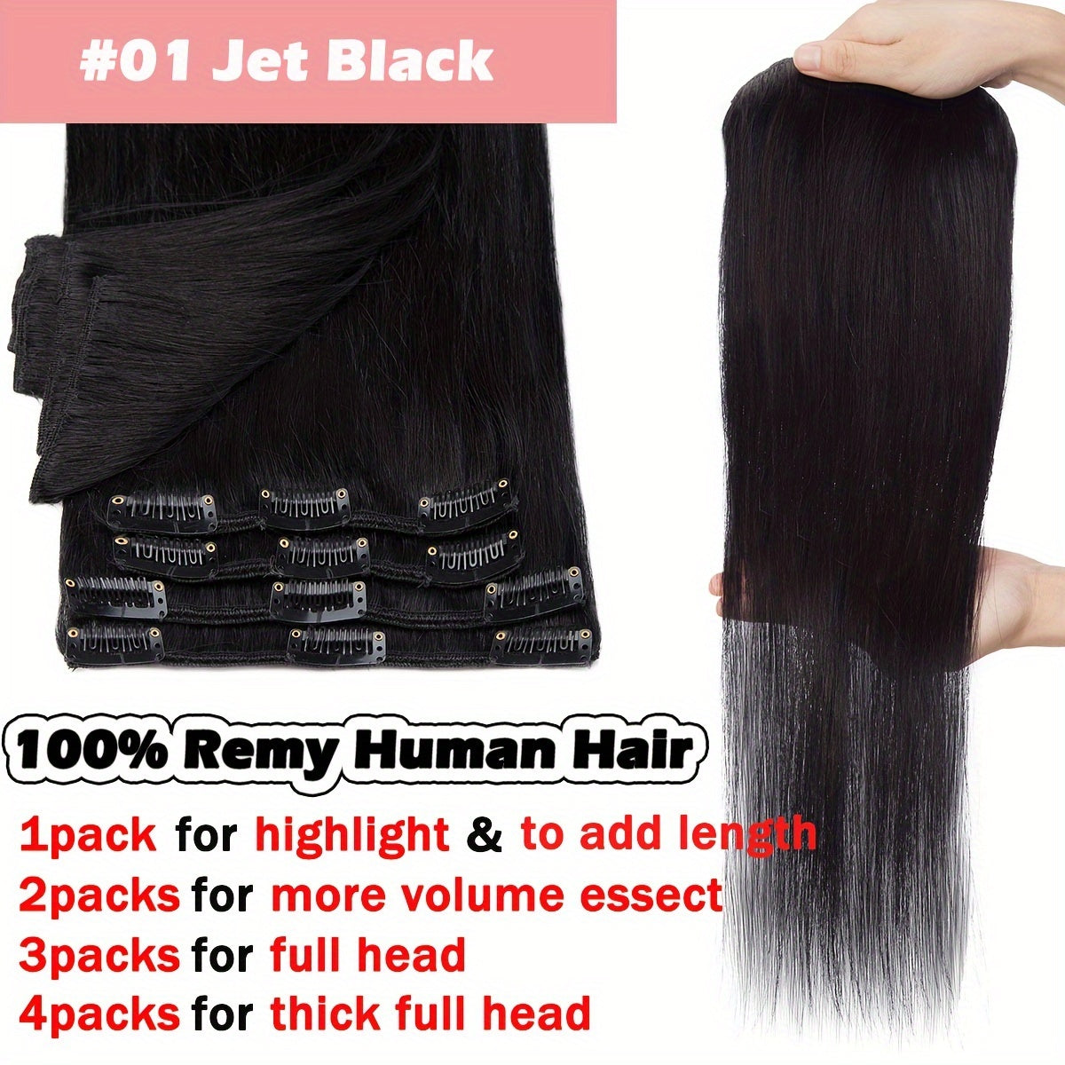 8pcs Clip In 100% Remy Human Hair Extensions Full Head Long Short Standard Wefts Soft & Natural Hair Extensions 16Inch-24Inch Black Brown Real Hair Extensions 65g-80g