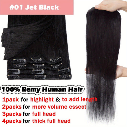 [8pcs Remy Hair Extensions] 8pcs 100% Remy Human Hair Extensions | Full Head Clip In Long & Short Standard Wefts Soft Natural Hair 16-24Inch Black Brown Real Hair 65g-80g