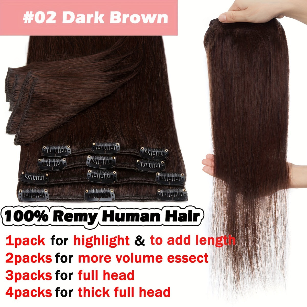 8pcs Clip In 100% Remy Human Hair Extensions Full Head Long Short Standard Wefts Soft & Natural Hair Extensions 16Inch-24Inch Black Brown Real Hair Extensions 65g-80g