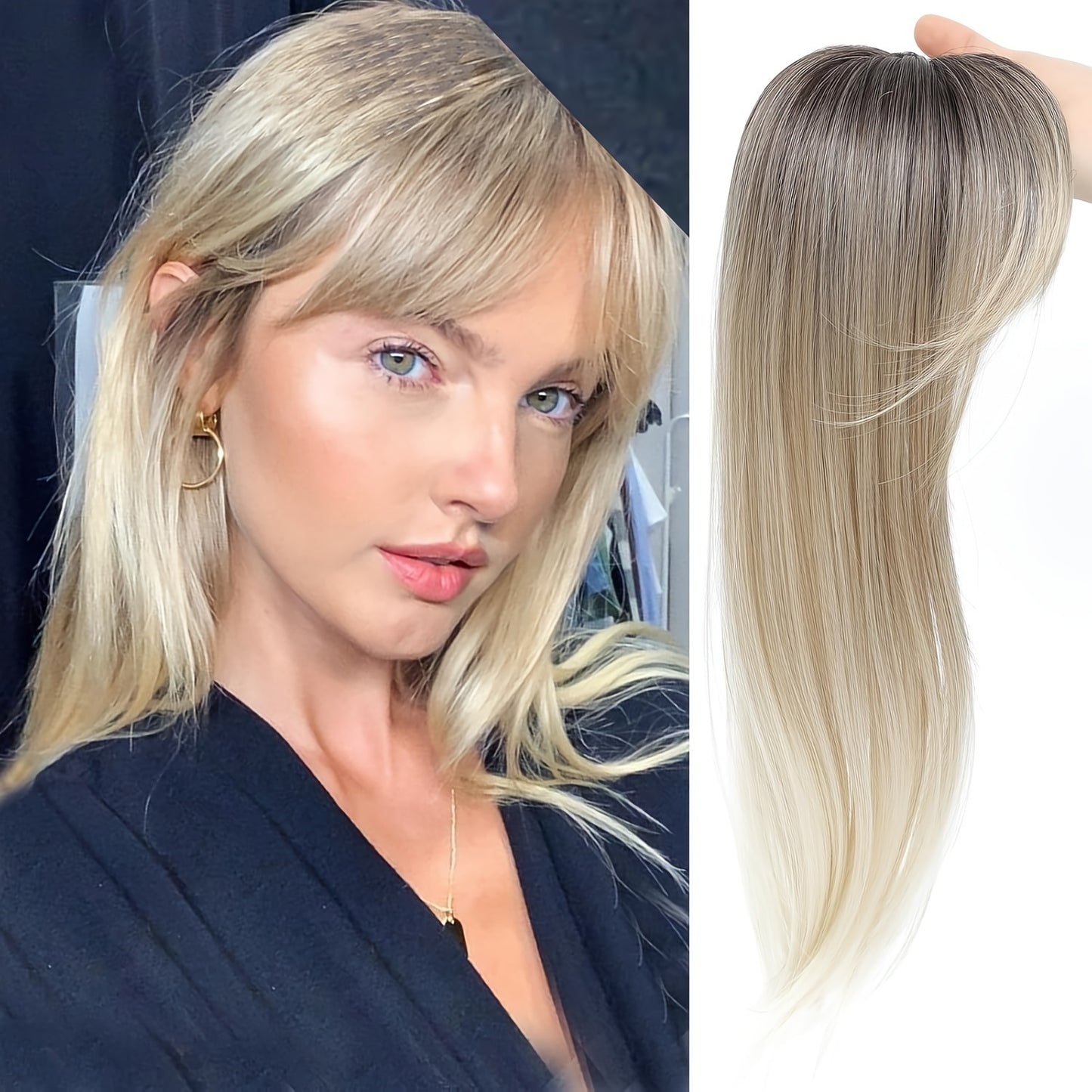 Clip in Bangs Bangs with Hair, 360° Cover Clip in Bangs Hair Clip in Hair Extensions, Blonde with Dark Root Hair Bangs for Women French Bangs with Hairpieces Clip in Bangs for Daily Wear