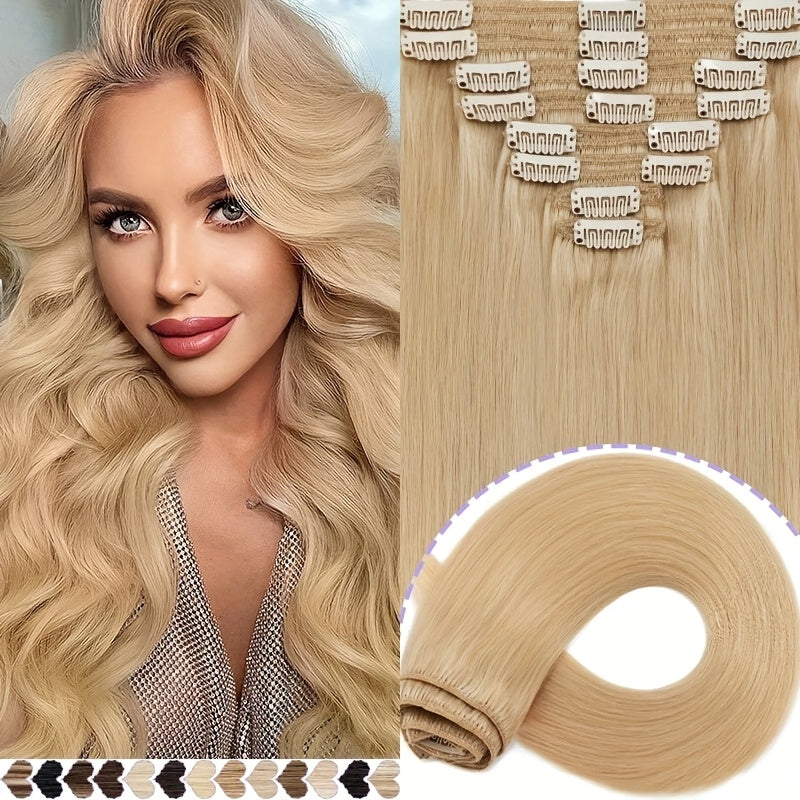 [8pcs 18clips Hair Extensions] 8pcs 18clips Double Weft Hair Extensions - Straight Smooth Long Hairpiece (16-22inch) | Natural Look, Multiple Colors | Perfect for Daily Wear & Special Occasions, Versatile for All Face Types, Light Beige