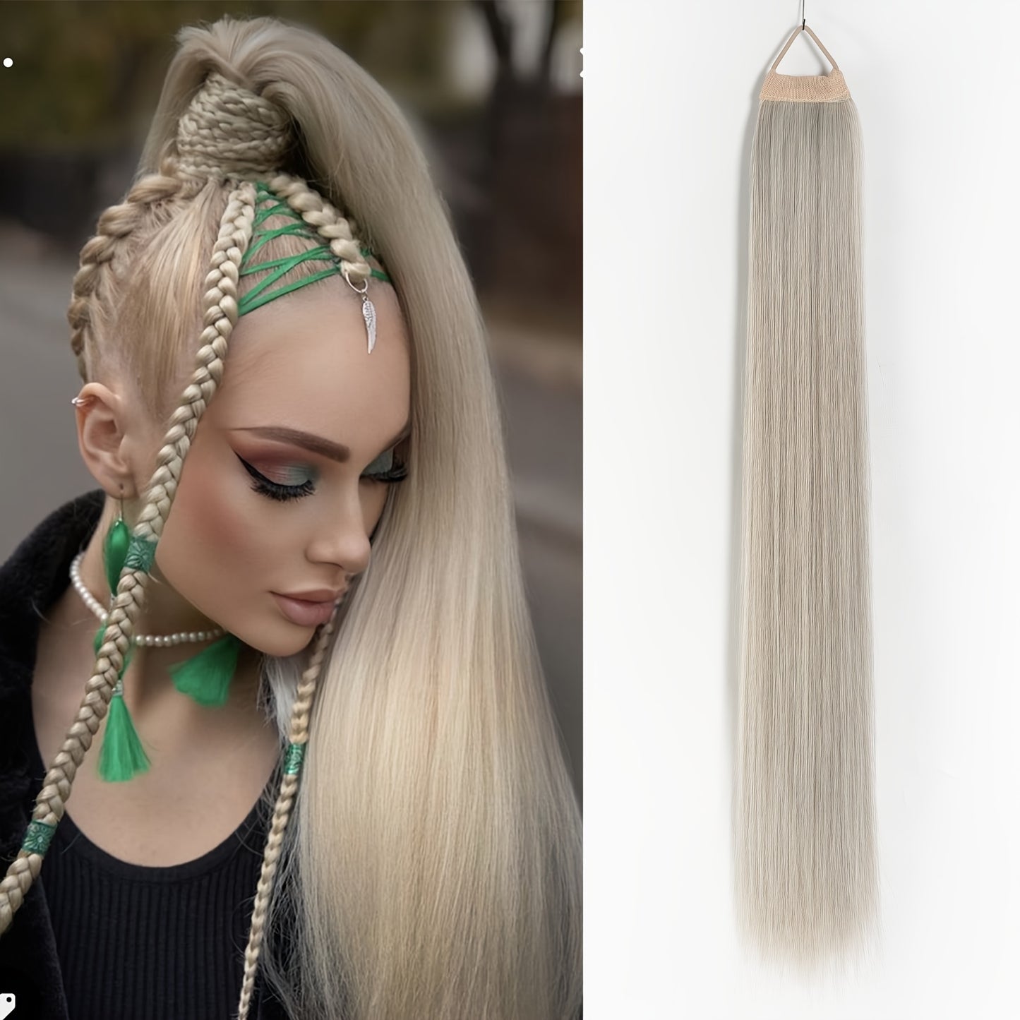 Ponytail Extensions Featuring a Flexible Elastic Band, Suitable for Women, Measuring 71.12 cm in Length with Straight, Soft, And Natural-Looking Synthetic Ponytails Available in Mixed Shades of Blonde, Brown, Red, And Silvery.