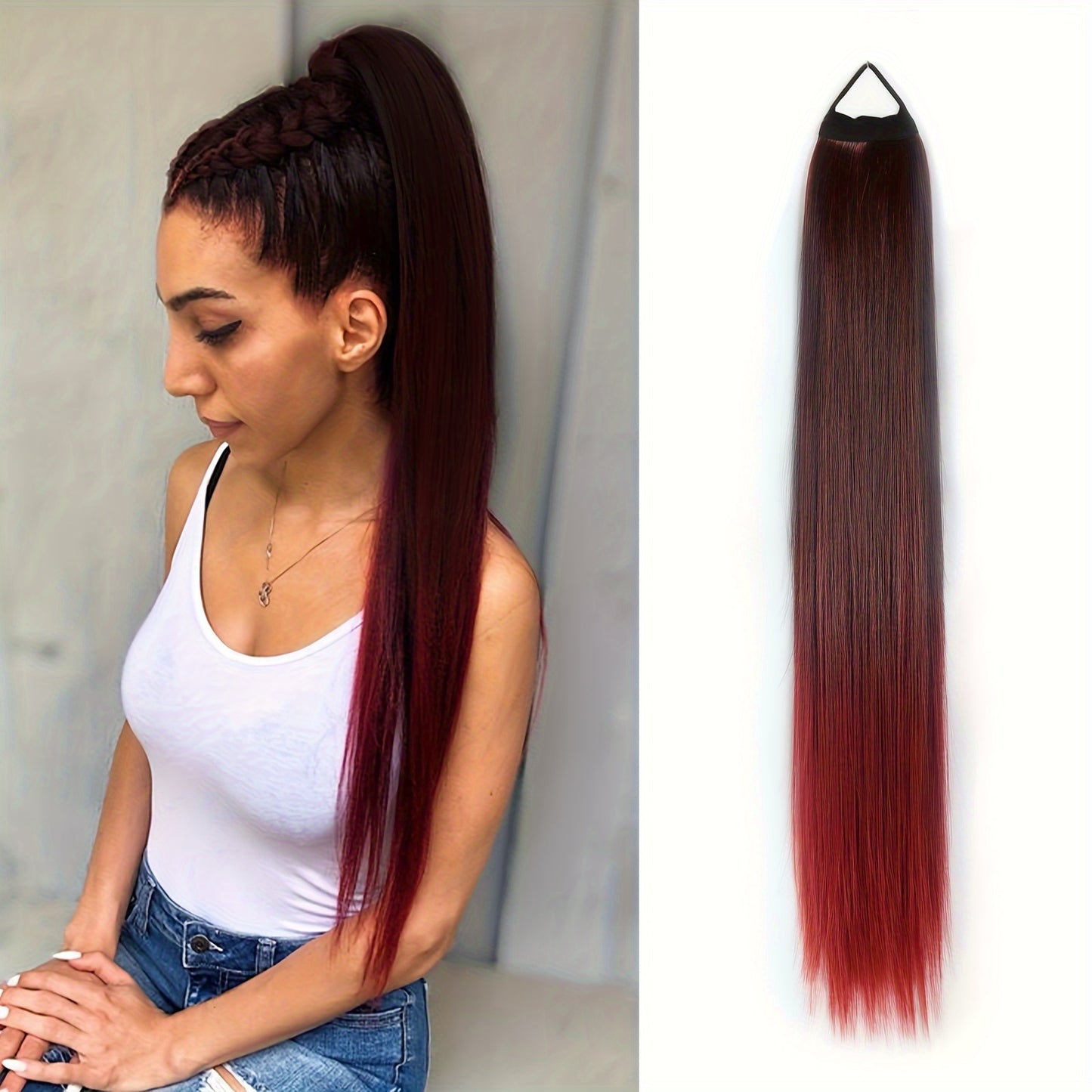 Ponytail Extensions Featuring a Flexible Elastic Band, Suitable for Women, Measuring 71.12 cm in Length with Straight, Soft, And Natural-Looking Synthetic Ponytails Available in Mixed Shades of Blonde, Brown, Red, And Silvery.