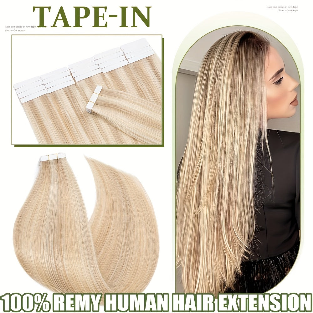50g/pack 20pcs Tape In Human Hair Extensions 100% Brazilian Human Hair Tape In Extensions Straight Light Beige Weft 100% Remy Seamless Design Human Hair Extensions for Women 35.56-60.96 cm Date Gift Cosplay