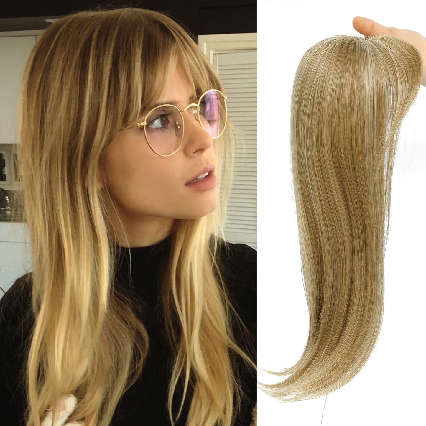 Clip in Bangs Bangs with Hair, 360° Cover Clip in Bangs Hair Clip in Hair Extensions, Blonde with Dark Root Hair Bangs for Women French Bangs with Hairpieces Clip in Bangs for Daily Wear