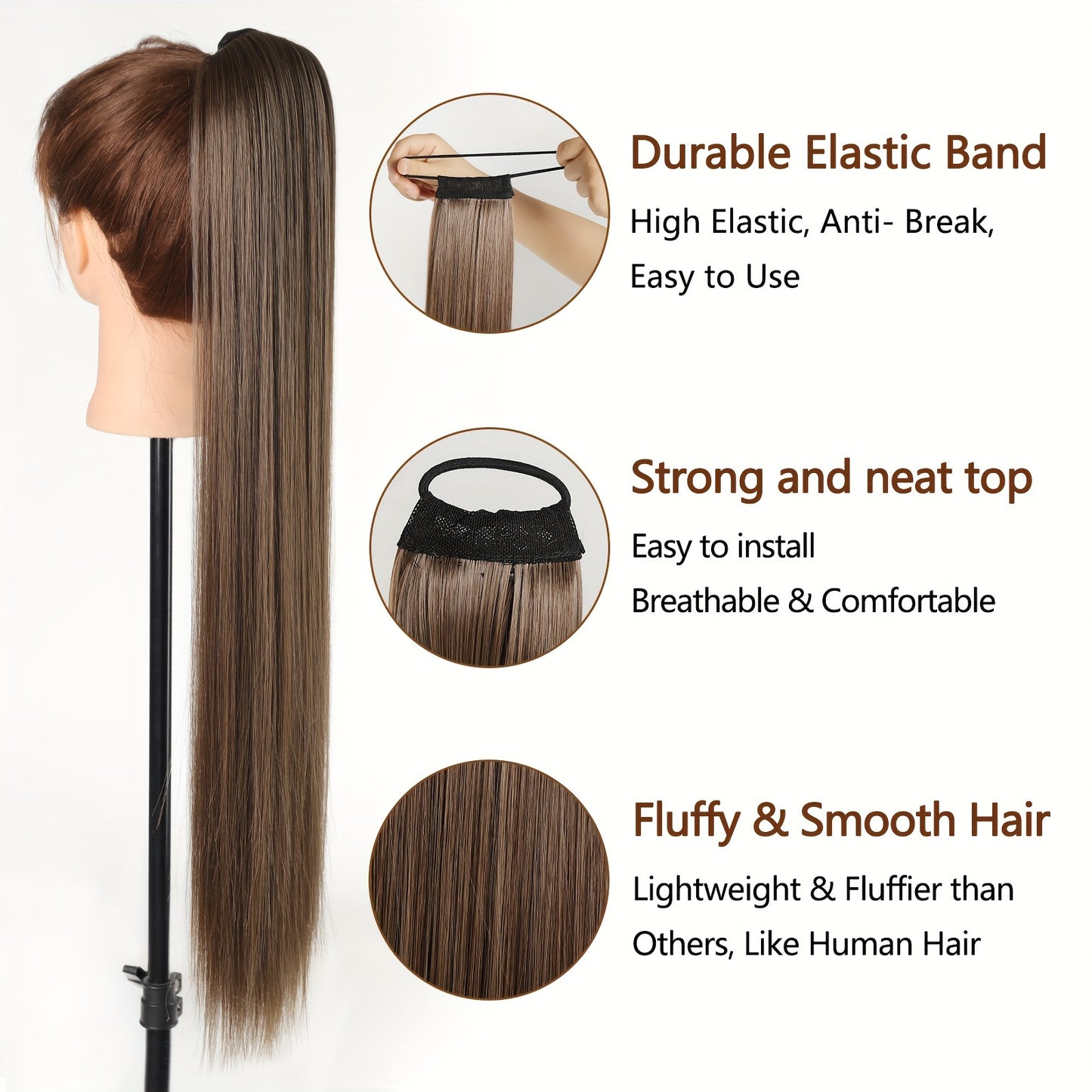 Ponytail Extensions Featuring a Flexible Elastic Band, Suitable for Women, Measuring 71.12 cm in Length with Straight, Soft, And Natural-Looking Synthetic Ponytails Available in Mixed Shades of Blonde, Brown, Red, And Silvery.