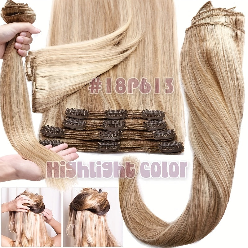 [8pcs 18clips Hair Extensions] 8pcs 18clips Double Weft Hair Extensions - Straight Smooth Long Hairpiece (16-22inch) | Natural Look, Multiple Colors | Perfect for Daily Wear & Special Occasions, Versatile for All Face Types, Light Beige