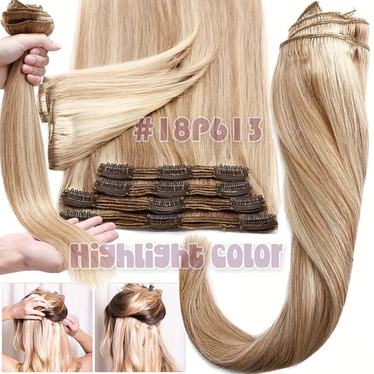 [8pcs 18clips Hair Extensions] 8pcs 18clips Double Weft Hair Extensions - Straight Smooth Long Hairpiece (16-22inch) | Natural Look, Multiple Colors | Perfect for Daily Wear & Special Occasions, Versatile for All Face Types, Light Beige
