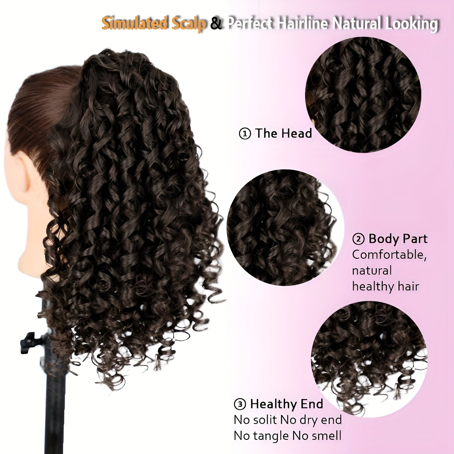 Women'S High-Temperature Fiber Curly Wave Ponytail Hair Extensions, 40.64 cm, Vacation Style, Drawstring and Clip-in Design, Fluffy Texture, Fashionable Synthetic Hairpiece