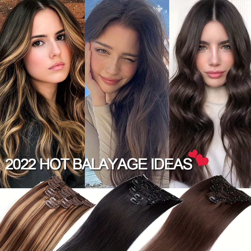 8pcs Clip In 100% Remy Human Hair Extensions Full Head Long Short Standard Wefts Soft & Natural Hair Extensions 16Inch-24Inch Black Brown Real Hair Extensions 65g-80g