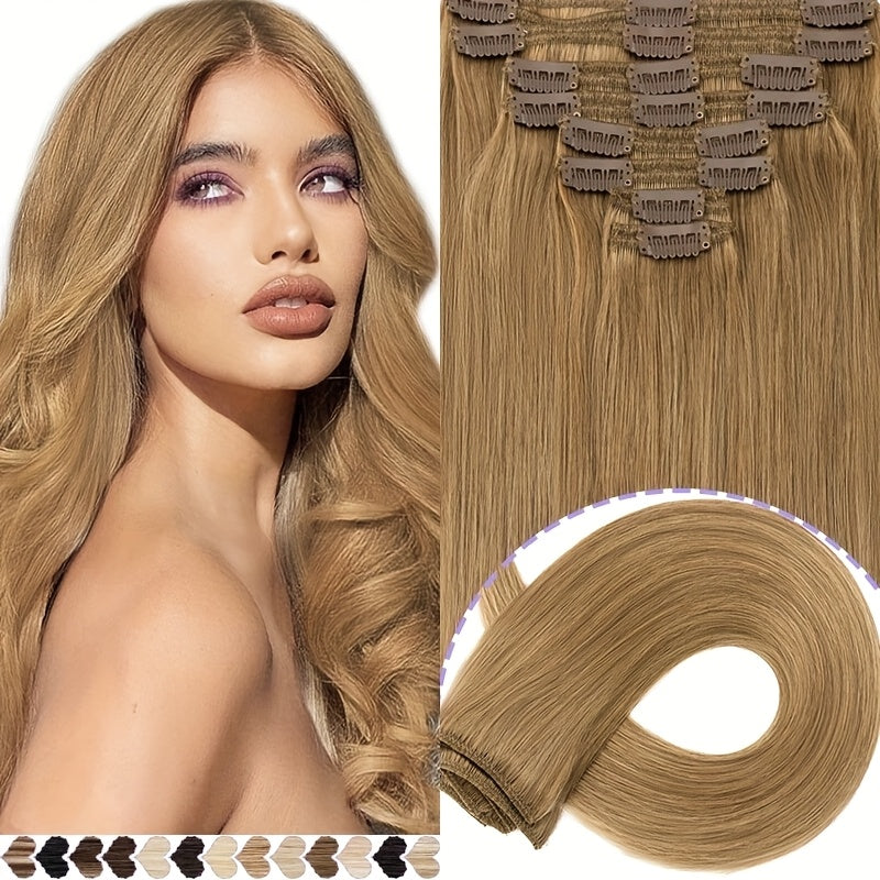 [8pcs 18clips Hair Extensions] 8pcs 18clips Double Weft Hair Extensions - Straight Smooth Long Hairpiece (16-22inch) | Natural Look, Multiple Colors | Perfect for Daily Wear & Special Occasions, Versatile for All Face Types, Light Beige
