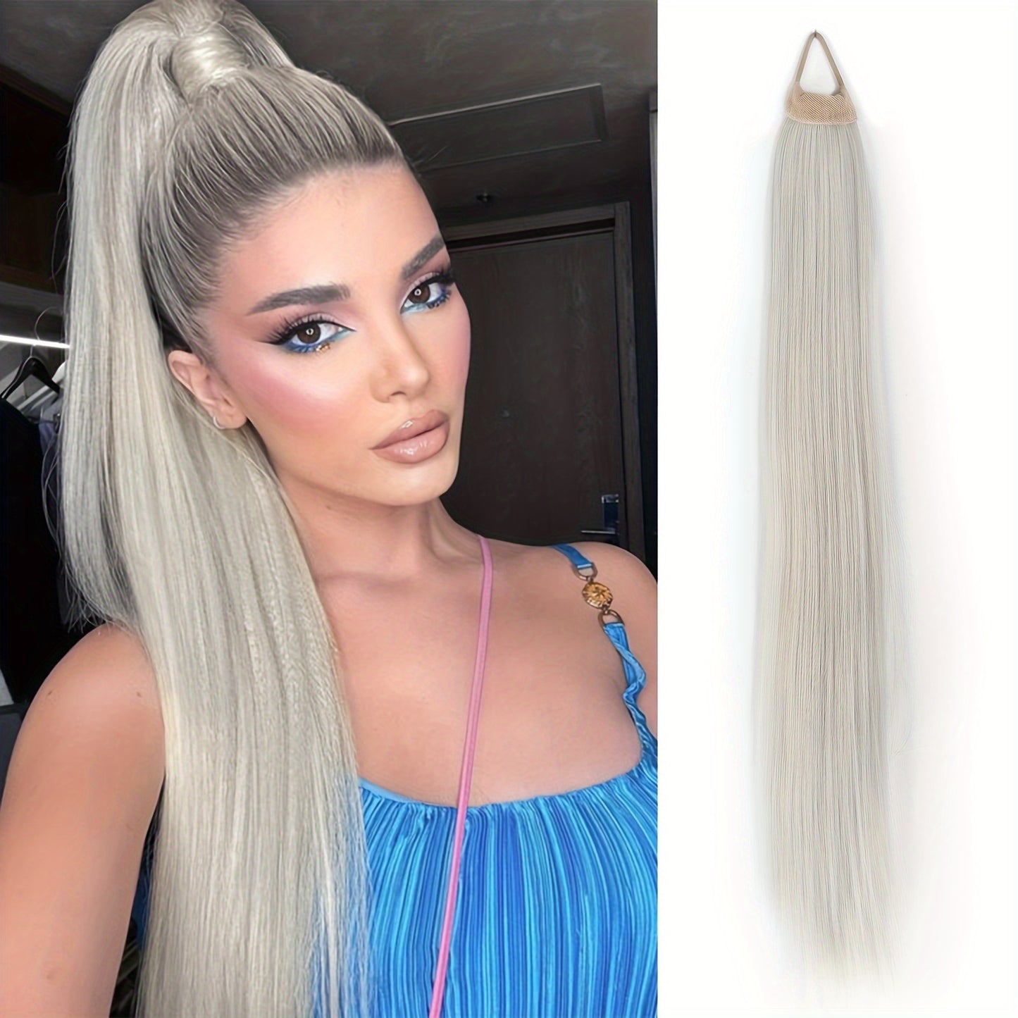 Ponytail Extensions Featuring a Flexible Elastic Band, Suitable for Women, Measuring 71.12 cm in Length with Straight, Soft, And Natural-Looking Synthetic Ponytails Available in Mixed Shades of Blonde, Brown, Red, And Silvery.