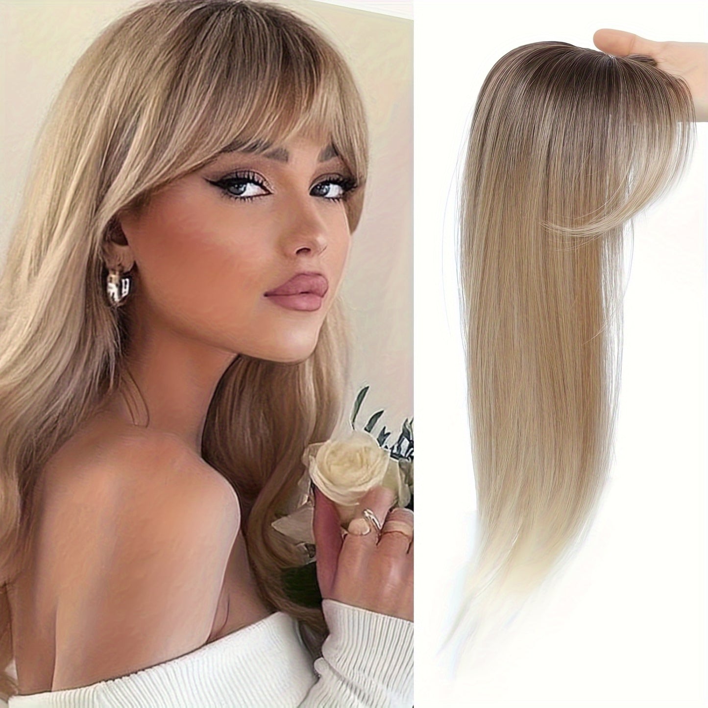 Clip in Bangs Bangs with Hair, 360° Cover Clip in Bangs Hair Clip in Hair Extensions, Blonde with Dark Root Hair Bangs for Women French Bangs with Hairpieces Clip in Bangs for Daily Wear